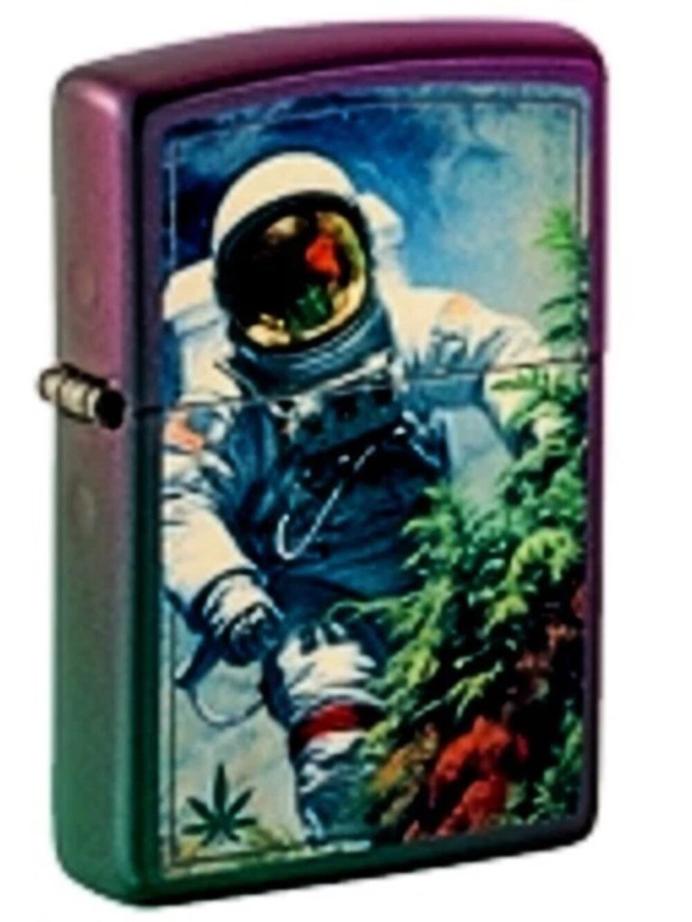 Sharp Astronaut Moon Picking Cannabis iridescent Zippo Lighter